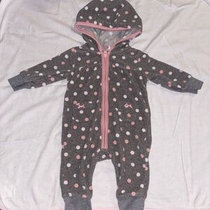 Carter's Gray Hooded Polka Dot Footed One-Piece with Pink Trim